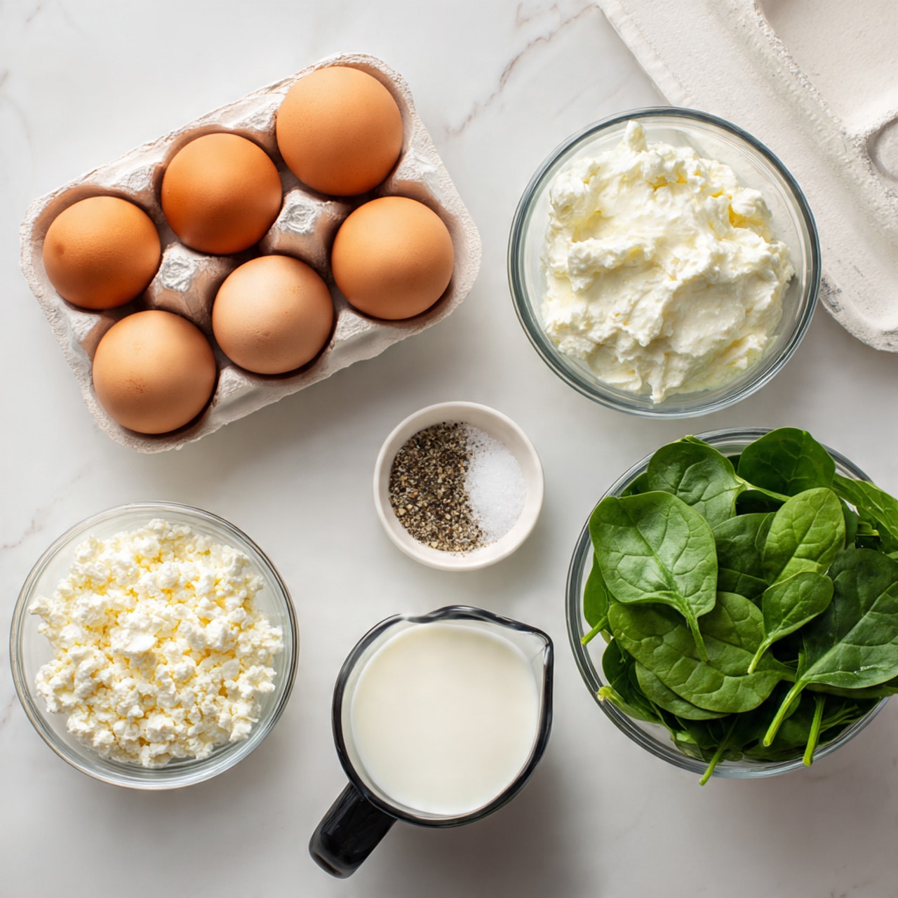 A white marbled surface holds several cooking ingredients arranged neatly: a small glass bowl with green spinach leaves at the top right, next to a white carton with six brown eggs arranged in two rows of three; below the carton, a small white bowl contains ground black pepper and salt; to the left, a clear small bowl filled with crumbly white cheese is placed beneath a black measuring cup filled with creamy cottage cheese, and above that, another black measuring cup is filled with white milk. photo taken with an iphone --ar 4:5 --v 7