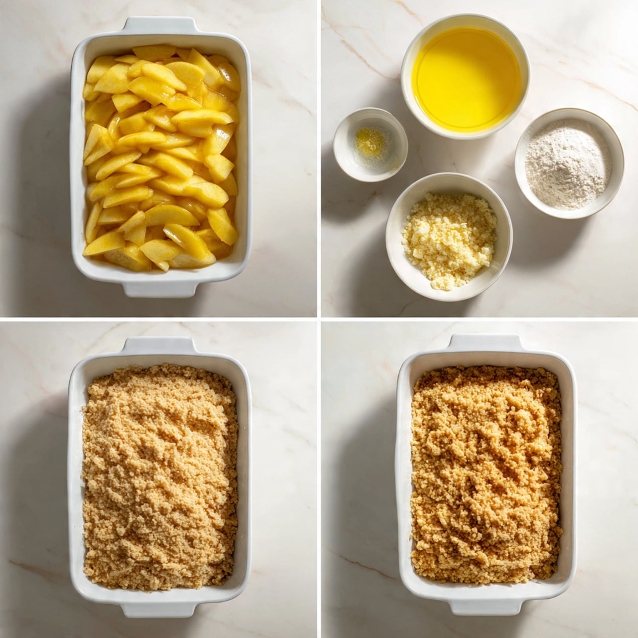 The collage shows six images of a baking process on a white marbled surface. The first image shows a white rectangular dish filled with shiny, golden yellow cooked apple slices layered thickly. The second image displays a white bowl with bright yellow melted butter and white flour side by side. The third image shows the flour and butter mixed together in the white bowl into a crumbly pale dough with some small lumps. The fourth image features the white rectangular dish with the apple layer topped evenly by a thick layer of raw crumbly pale dough. The fifth image shows the same dish after the dough topping becomes a light golden crumble with some browned spots. The sixth image captures the fully baked dish, where the topping is a thicker, evenly browned crumble layer with a crunchy texture. Photo taken with an iphone --ar 4:5 --v 7