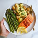 Spring Salmon with Creamed Leeks, Potatoes, and Asparagus Recipe
