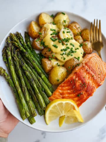Spring Salmon with Creamed Leeks, Potatoes, and Asparagus Recipe