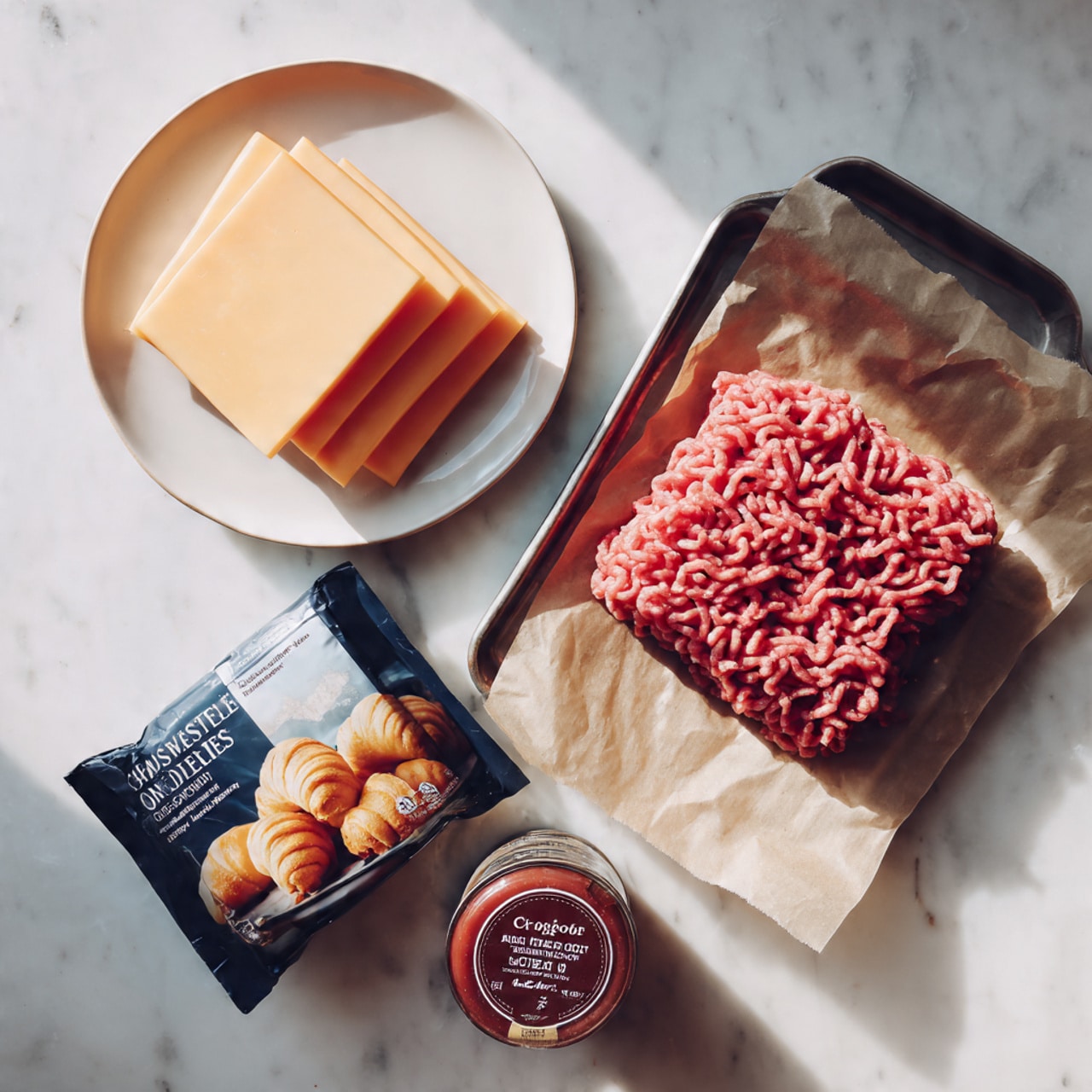 A top-down view of four pale orange square slices of cheese layered in an overlapping fan shape on a white plate at the top left. To the right, a metal tray lined with brown parchment paper holds a block of raw pink ground meat with a textured, curled surface. Below the tray on the white marbled surface are a dark blue tube package of crescent rolls showing an image of golden-brown crescent rolls with butter and a can of sloppy joe sauce with an image of cooked ground meat in sauce on the label. The setting has a clean, bright look with even lighting. Photo taken with an iphone --ar 4:5 --v 7