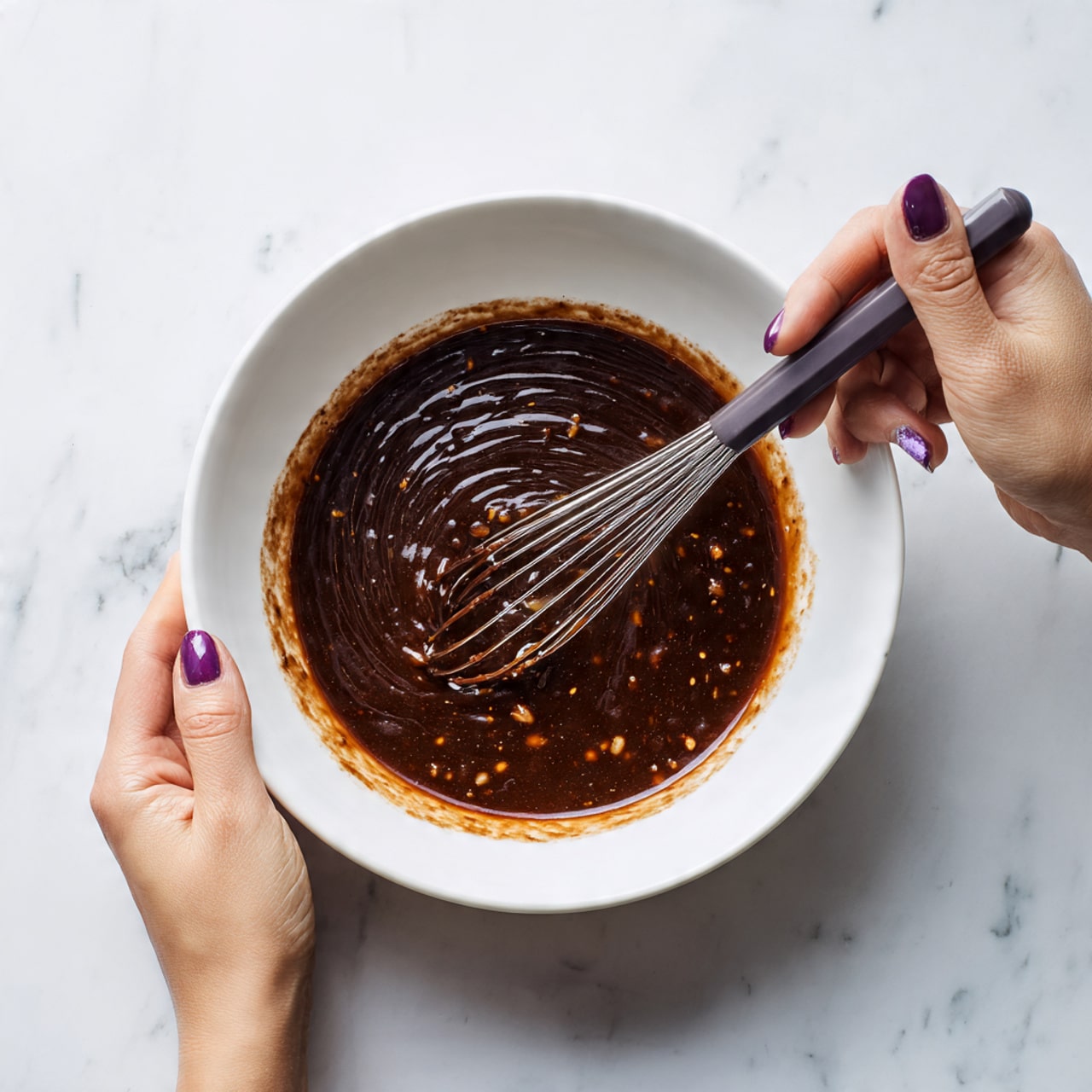 A white bowl on a white marbled surface contains a dark brown sauce with a thick and shiny texture, mixed with small bits of lighter ingredients. A woman's hand with purple-painted nails holds a whisk with a dark gray handle, stirring the sauce inside the bowl. The sauce spreads unevenly on the sides of the bowl, showing its sticky and rich consistency. photo taken with an iphone --ar 4:5 --v 7