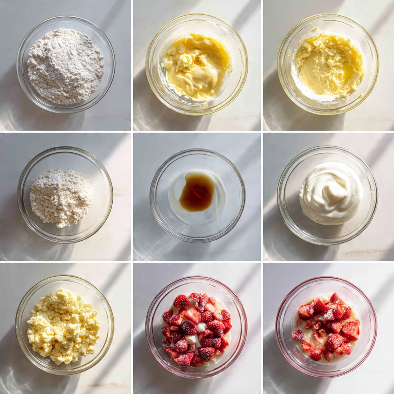 A series of eight clear glass bowls arranged in two rows on a white marbled surface, each bowl showing different stages of mixing ingredients. The first bowl contains white flour with white baking powder on top. The second bowl holds pale yellow softened butter. The third bowl has the butter mixed with a cracked egg, showing yellow and white colors swirling. The fourth bowl shows the mixture now creamy with a drop of dark vanilla extract on top. In the fifth bowl, a dollop of white sour cream or yogurt is added to the creamy yellow mixture. The sixth bowl depicts the batter starting to blend with white flour added on top. The seventh bowl contains a mix of chopped red strawberries with a sprinkle of white powder, possibly sugar, on top. The final eighth bowl shows the batter mixed with the chopped strawberries, creating a textured light red and yellow mix. Photo taken with an iphone --ar 4:5 --v 7