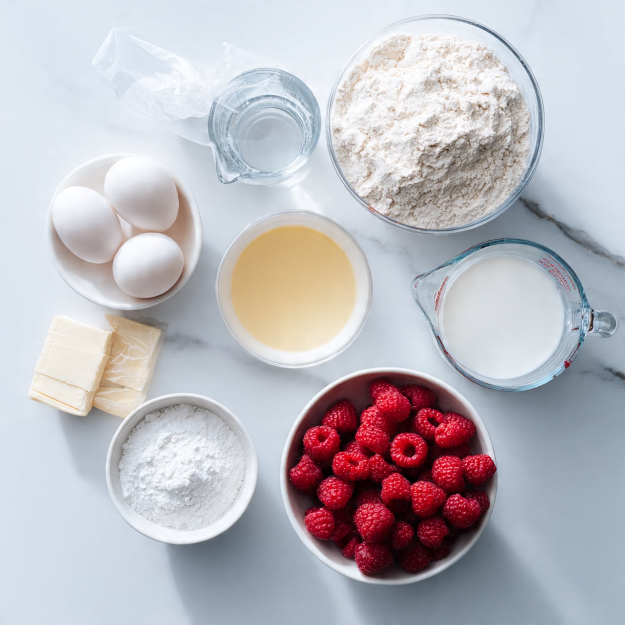 A top view of baking ingredients arranged separately on a white marbled surface, including three white eggs in a small white bowl, white flour in a clear plastic bag, a clear glass measuring cup of milk, a clear glass measuring cup of water, bright red raspberries in a white bowl, a white bowl with powdered sugar, a small white bowl with a pale yellow liquid, a paper packet, and a small clear vial of vanilla extract. photo taken with an iphone --ar 4:5 --v 7