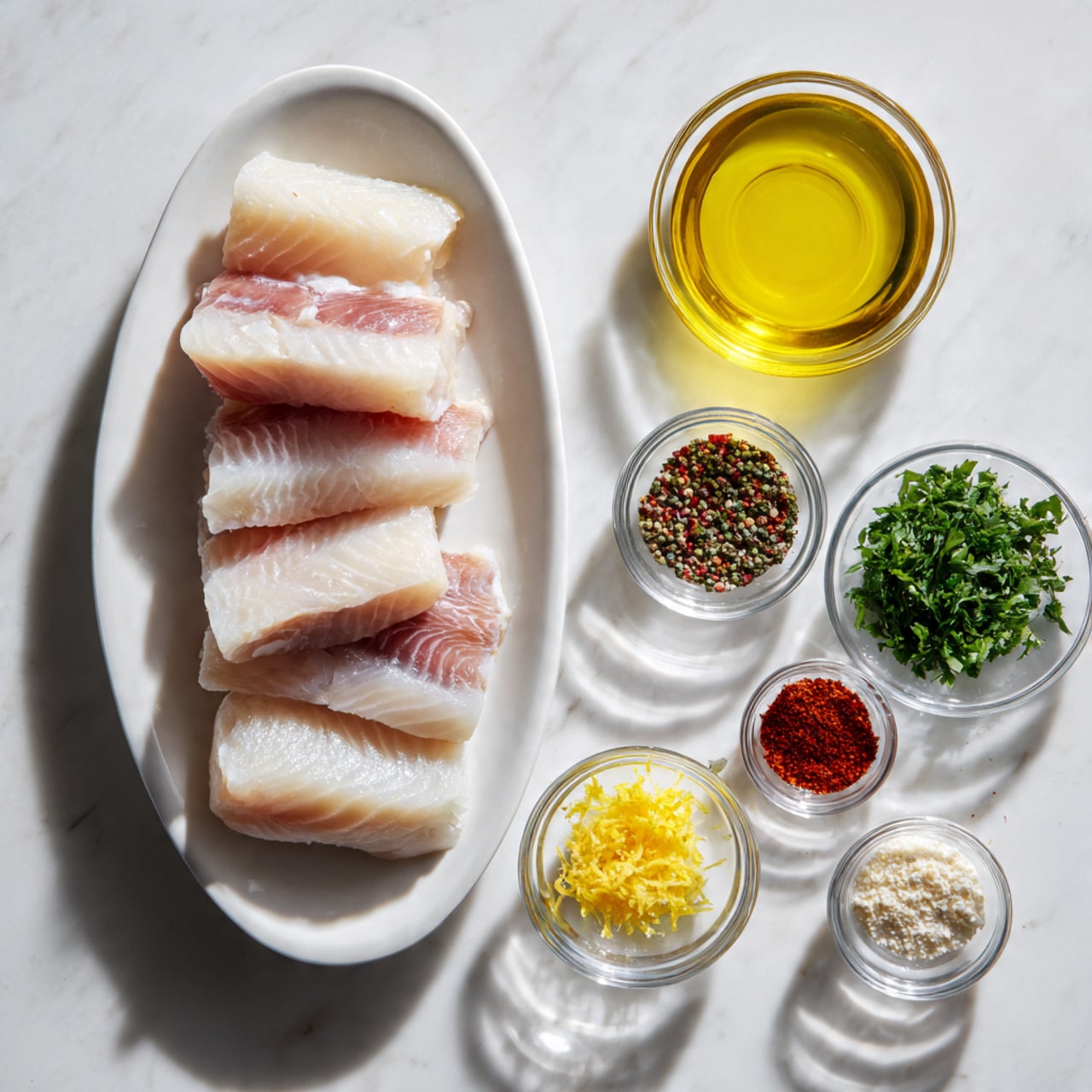 The image shows a white oval plate with five pieces of raw fish fillets stacked in layers with a pale pink and white color texture. Surrounding the plate, there are six small glass bowls placed on a white marbled surface: one bowl contains bright yellow melted butter, another holds a small amount of olive oil, a third bowl has finely chopped garlic, a fourth contains chopped green herbs, a fifth has yellow lemon zest, and the last one includes three piles of spices—black pepper, white salt, and red paprika—arranged side by side. photo taken with an iphone --ar 4:5 --v 7