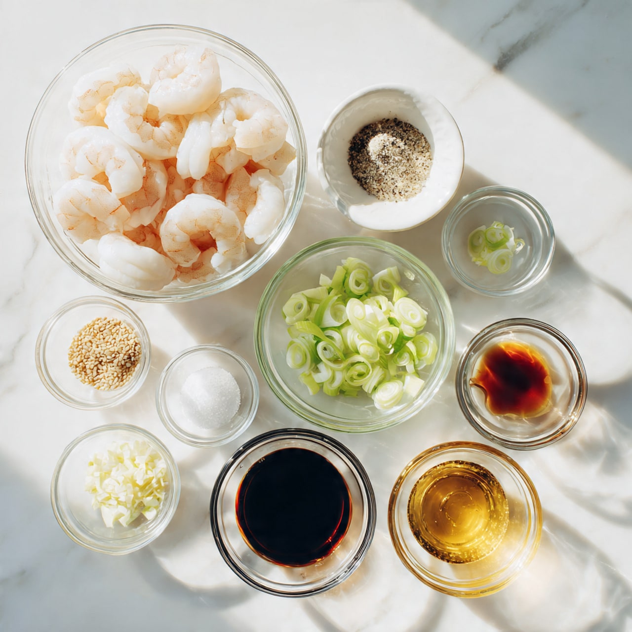 A clear glass bowl filled with large, peeled shrimp sits at the top left of the image on a white marbled surface. To the right, there is a small white bowl with salt and pepper mix. Below that, a small clear bowl with sliced green onions is placed. Surrounding these are several other small clear glass bowls containing various ingredients: minced garlic at bottom left, minced ginger below that, light brown sesame seeds near the center, a golden liquid with bubbles, dark soy sauce, a clear liquid, and a small amber liquid at the bottom. The items cast soft shadows, and the whole scene is lit by bright natural light. photo taken with an iphone --ar 4:5 --v 7