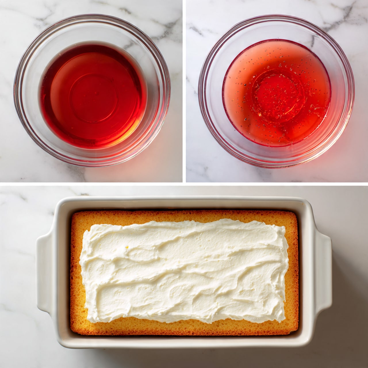 The image shows three views of making a dessert on a white marbled surface. On the top left, there is a glass bowl with red syrup and sugar inside. Below it, a rectangular cake in a white baking pan has many small holes filled with red syrup. On the right, the same cake with red syrup spots is in the white baking pan, now covered with a thick, smooth white whipped topping spread mostly in the center. The texture of the cake looks soft and golden with the syrup soaking in, while the whipped topping is fluffy and creamy. Photo taken with an iphone --ar 4:5 --v 7