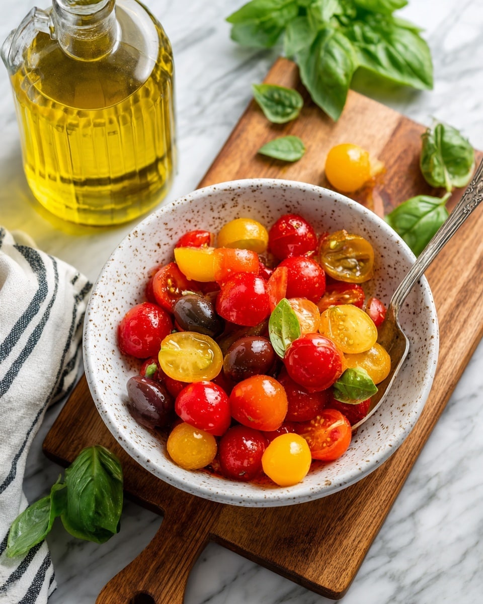 A white speckled bowl sits on a wooden cutting board with a spoon inside the bowl, filled with halved cherry tomatoes in bright red and yellow colors, showing their juicy texture. Two dark green olives and fresh green basil leaves are scattered both on the board and around the bowl. A glass bottle filled with golden olive oil stands in the top left corner of the board, and a white marbled surface with a striped cloth is visible in the background. Photo taken with an iphone --ar 4:5 --v 7