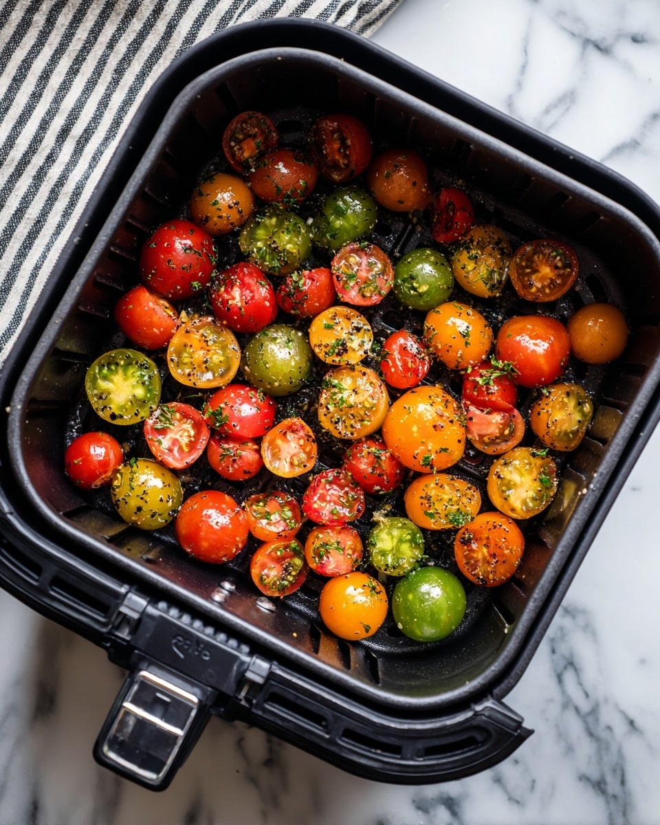 Inside a black air fryer basket, there is one layer of colorful cherry tomatoes, halved and spread evenly. The tomatoes show a mix of red, yellow, orange, and green colors, each half revealing the juicy inside with a sprinkle of herbs and black pepper on top. The basket contrasts the bright colors well, and it rests on a white marbled surface with a striped cloth visible in the top left corner. photo taken with an iphone --ar 4:5 --v 7