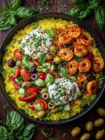 Greek Shrimp with Lemon Rice and Creamy Tzatziki Recipe