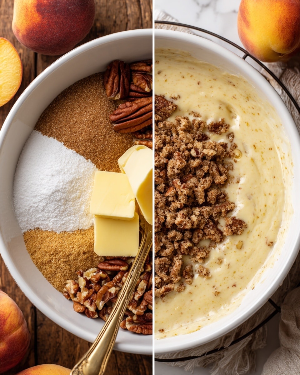The image shows two side-by-side photos. On the left, a white bowl holds separate piles of brown sugar, white flour, cinnamon powder, chopped pecans, and two pieces of yellow butter. A gold fork rests inside the bowl on the right side, with a wooden surface underneath and blurred peaches around. On the right side, a round white bowl contains a thick, creamy batter with small nut pieces mixed in. Half of the batter surface is covered with crumbled brown streusel topping. The bowl sits on a wire rack over a white marbled texture. photo taken with an iphone --ar 4:5 --v 7