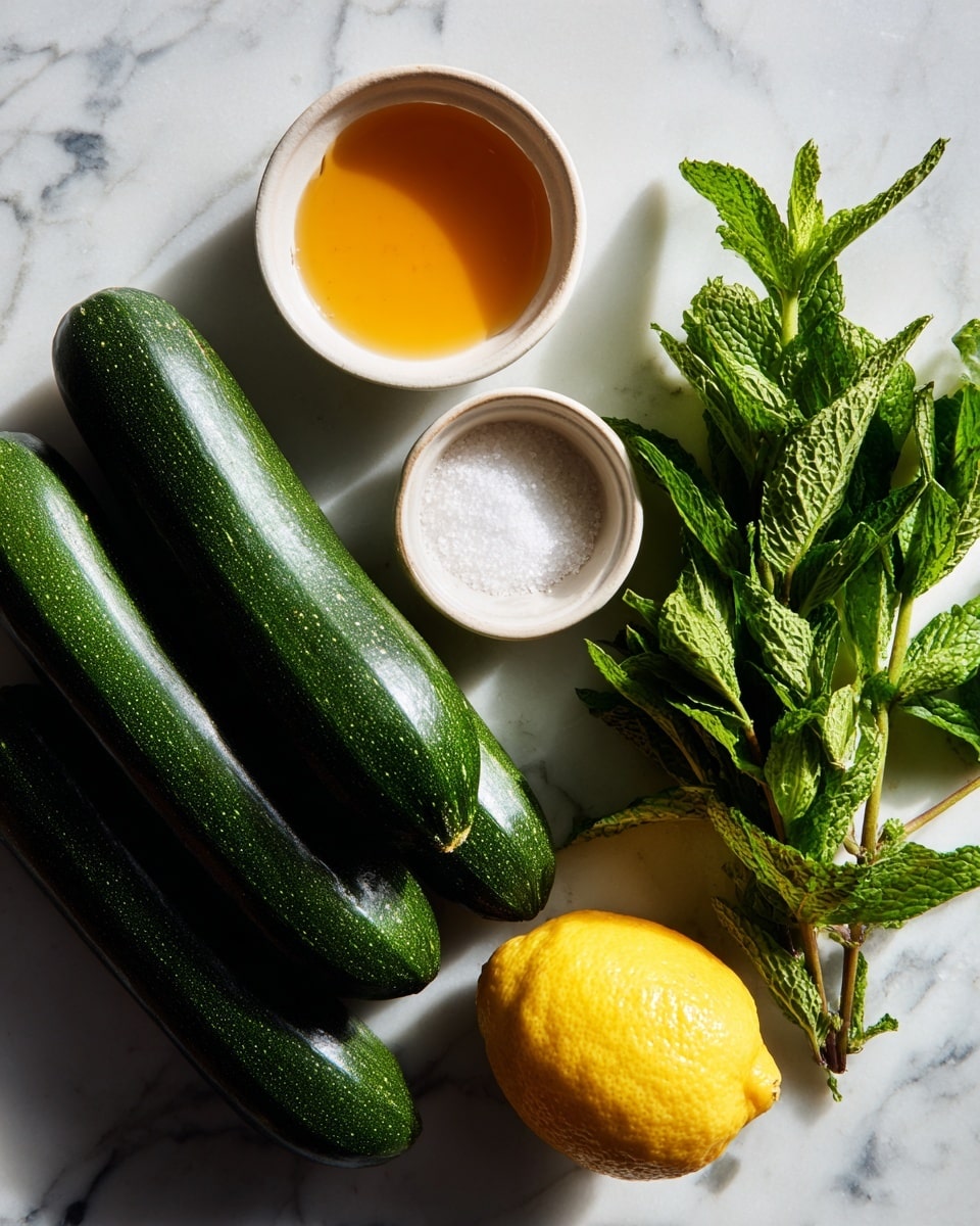 The image shows fresh cooking ingredients arranged on a white marbled surface, including four dark green zucchinis stacked close together on the left. To the right are two small white bowls, one filled with a honey-colored liquid and the other with white salt. Next to the bowls is a bunch of fresh green mint leaves with visible stems. On the far right is a bright yellow lemon with a smooth peel, resting on the marble surface. The scene is well-lit and clean, highlighting the fresh colors and textures of the ingredients photo taken with an iphone --ar 4:5 --v 7