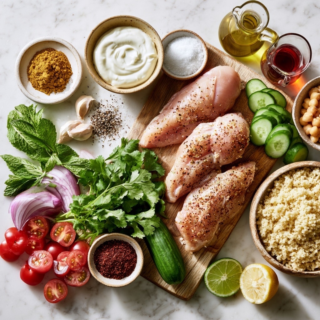 The collage shows nine steps of preparing marinated chicken. The first three images display raw pale pink chicken pieces on a white plate over a white marbled surface, with a woman's hand lifting one piece and sprinkling seasoning on the chicken. The next three images highlight a white bowl with white thick yogurt layered with a yellowish spice, then mixed into a creamy, light brown sauce, and finally shown in a small white bowl held by a woman's hand. The last three images show the raw chicken seasoned with black pepper placed into the creamy sauce inside a large clear glass bowl, coated well with the sauce, and the bowl covered with a plastic wrap resting on the white marbled surface. photo taken with an iphone --ar 4:5 --v 7