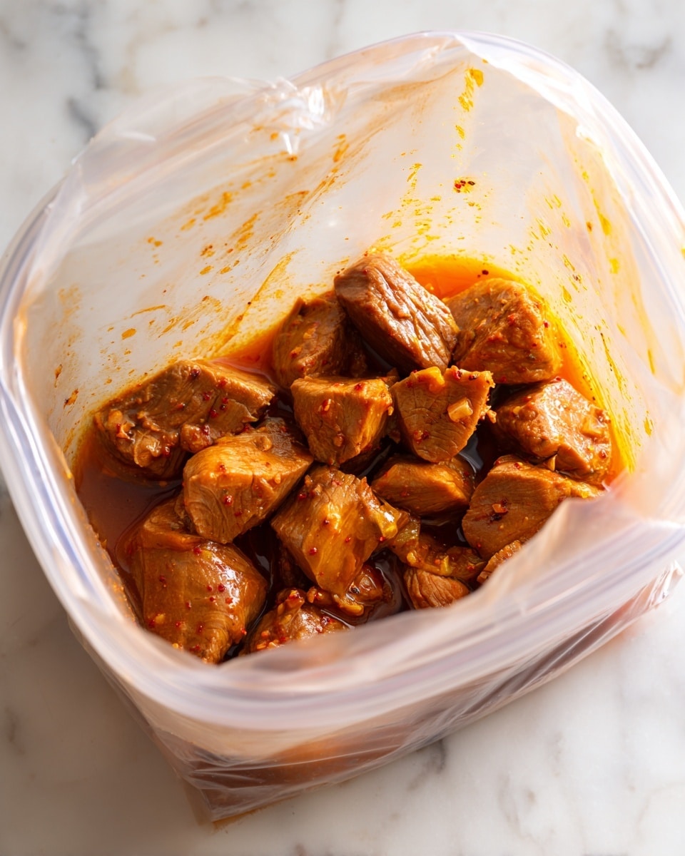 The image shows small chunks of brown marinated meat inside a clear resealable plastic bag, the meat pieces appear tender and coated with a sticky, reddish-brown sauce. The bag is open at the top, and the inside walls have some splashes of the marinade clinging to them. The background is a white marbled texture, and the photo is taken from above, looking straight down into the bag. photo taken with an iphone --ar 4:5 --v 7