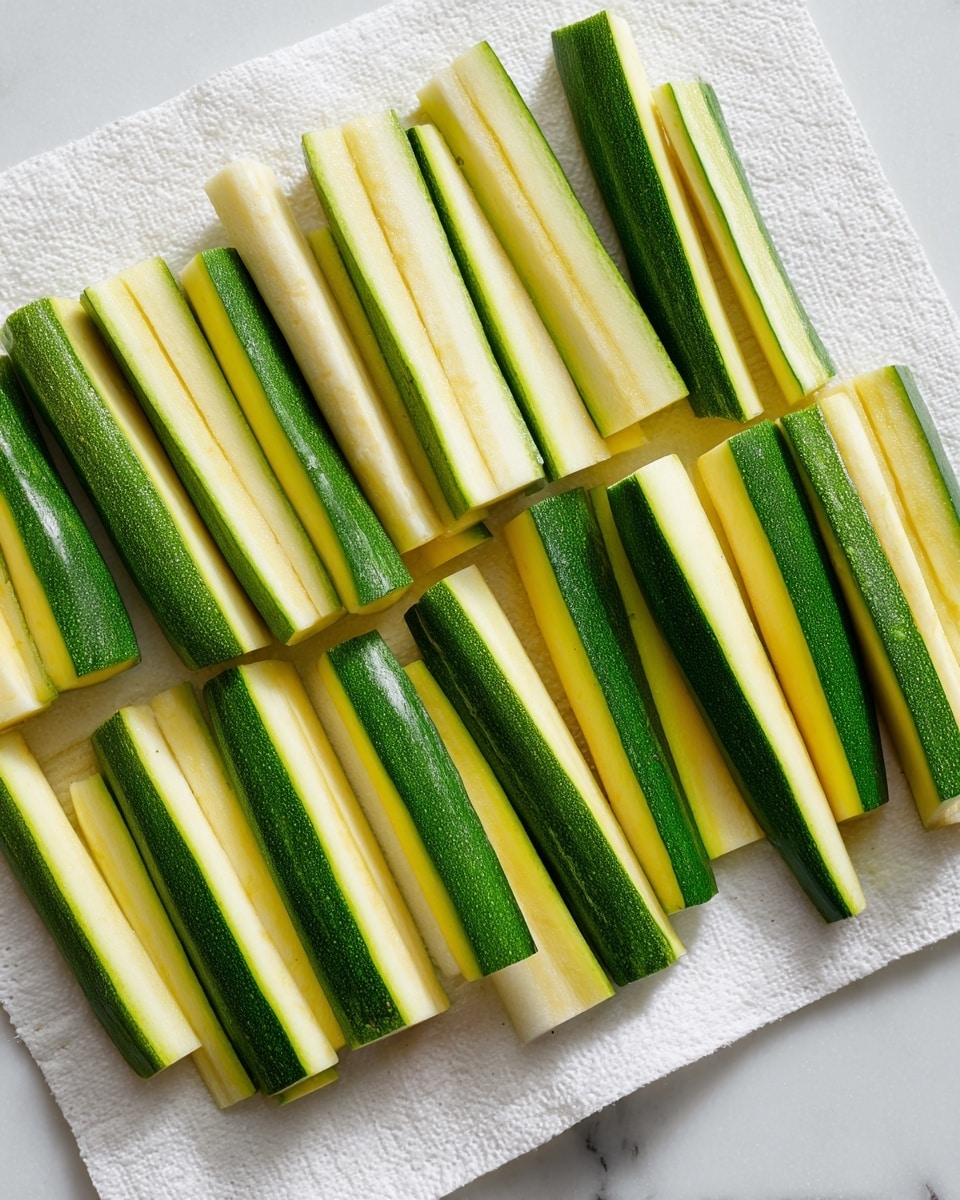 This image shows many sticks of zucchini spread out on a white paper towel. Each stick has a green outer skin and a pale yellow inside. The sticks are placed in loose rows covering the paper towel, which lies on a white marbled surface. Light shines evenly on the zucchini, showing their smooth texture and fresh look. photo taken with an iphone --ar 4:5 --v 7