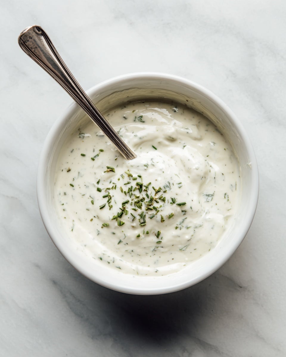 A white bowl filled with a thick creamy white sauce mixed with small green herb pieces, showing a smooth and slightly lumpy texture. A silver spoon is placed inside the bowl, covered partly with the sauce. The bowl is on a white marbled surface. photo taken with an iphone --ar 4:5 --v 7