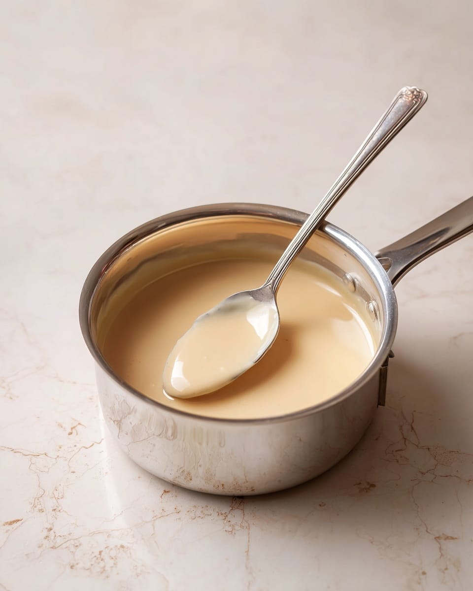 The image shows a shiny stainless steel saucepan filled with a smooth, light beige sauce. A silver spoon rests inside the saucepan, slightly dipping into the sauce and capturing reflections on its surface. The saucepan sits on a white marbled surface with soft, even lighting that highlights the metal's shine and the creamy texture of the sauce. photo taken with an iphone --ar 4:5 --v 7