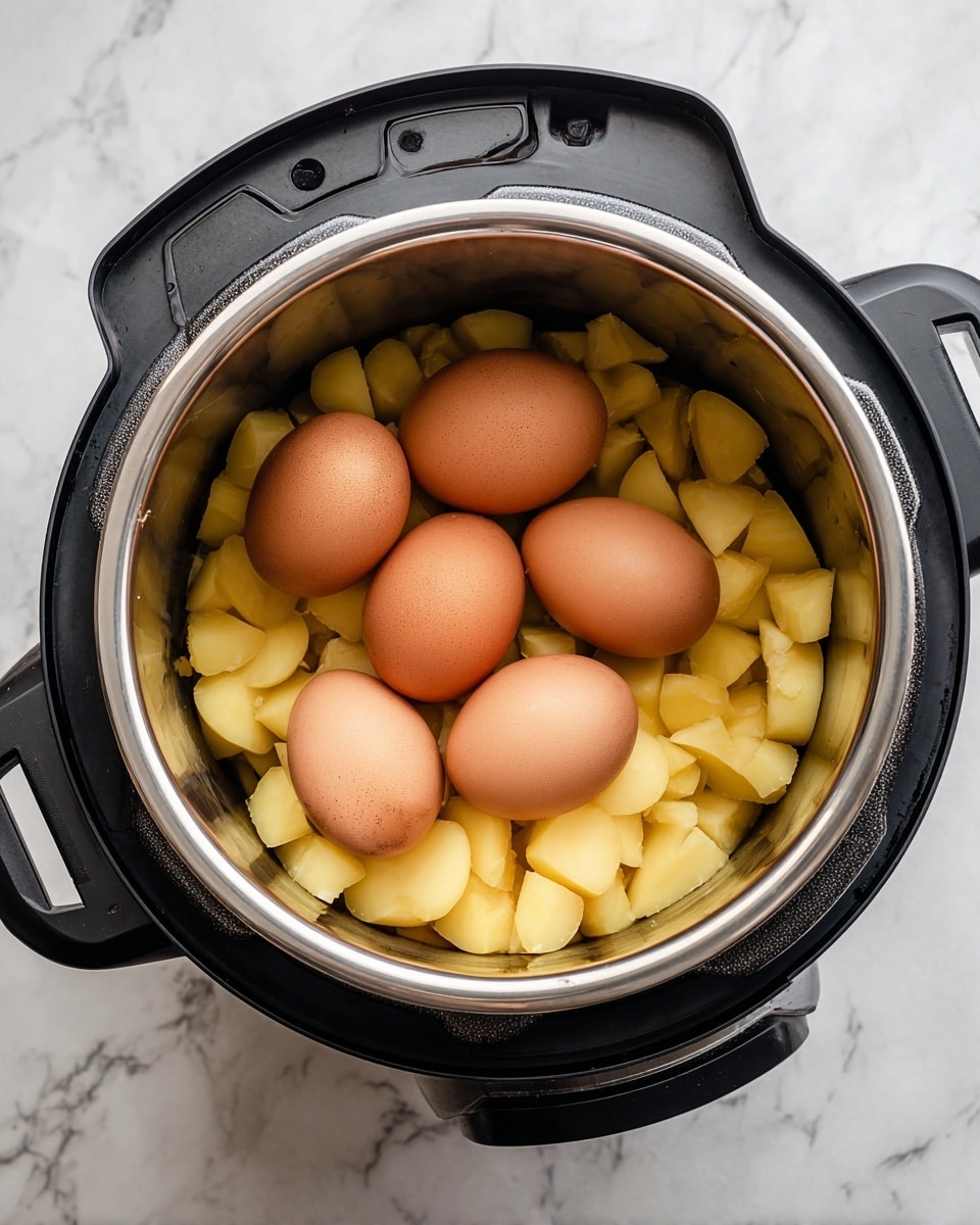 The image shows a black electric pressure cooker with a shiny metal inside, filled with small pieces of peeled yellow potatoes scattered at the bottom. On top of the potatoes, there are four whole brown eggs placed in a loose arrangement. The background is a white marbled surface. photo taken with an iphone --ar 4:5 --v 7