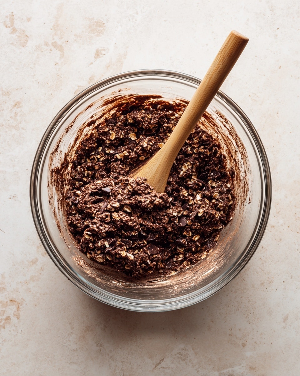 A clear glass bowl filled with a thick, dark brown mixture of oats and chocolate. The mixture looks coarse with visible flakes of oats mixed evenly throughout. A light wooden spatula stands upright in the middle of the bowl, slightly covered with the chocolate oat mix. The bowl is set on a white marbled surface with some chocolate mixture smeared on the inside edges of the bowl. Photo taken with an iphone --ar 4:5 --v 7