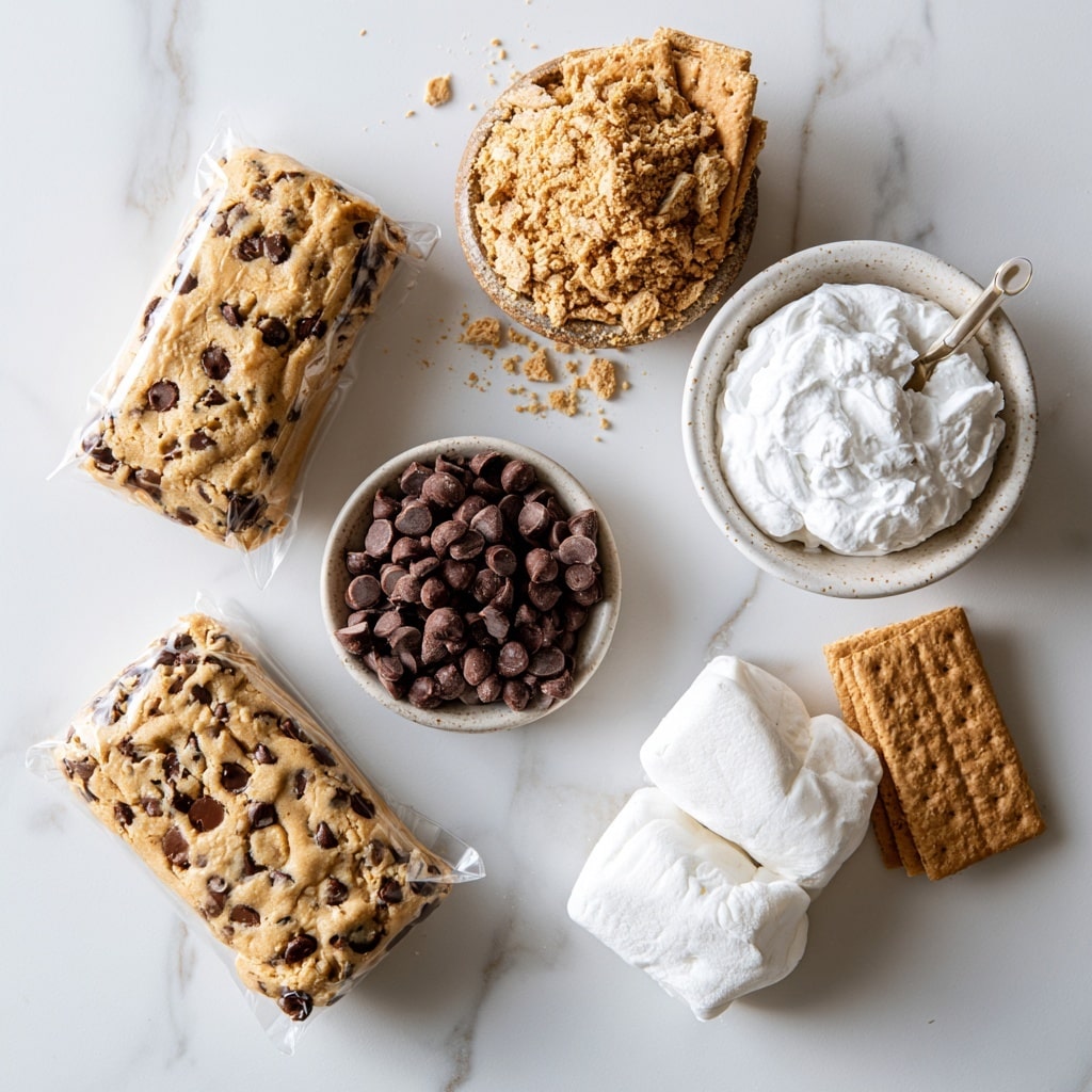 The image shows a close-up of three thick, square dessert bars stacked and placed on a white marbled surface. Each bar has two visible layers: the bottom layer is a soft, crumbly cookie dough in light brown with dark chocolate chunks scattered throughout, while the top layer is a thin spread of melted white cream, slightly mixed with melted dark chocolate on the edges. The texture looks dense and moist, with small cracks visible on the cookie dough layer giving a homemade feel. The background is softly blurred, focusing attention on the detailed texture of the bars. photo taken with an iphone --ar 4:5 --v 7