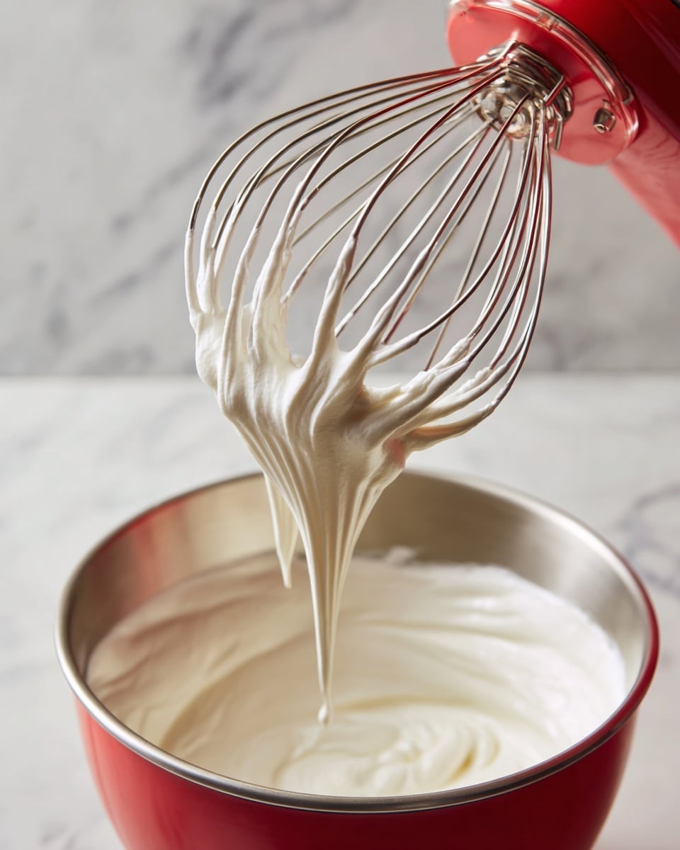 A close-up view of a metal whisk attached to a red mixer, lifting thick, smooth white cream from a silver mixing bowl. The cream clings softly to the whisk wires, showing a creamy, moist texture, with more cream visible inside the bowl below. The background features a white marbled surface, creating a clean and simple kitchen setting. photo taken with an iphone --ar 4:5 --v 7