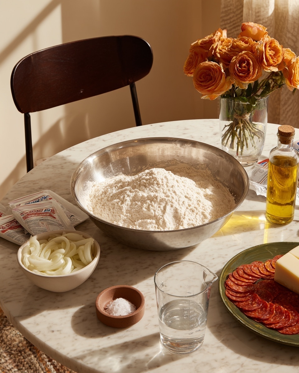A kitchen scene with a large silver mixing bowl in the center filled with white flour, placed on a white marbled countertop. To the left of the bowl is a small white bowl filled with sliced white onions, a clear bottle of yellow oil, and several packets of baking powder laid flat. In front of the bowl is a small brown dish containing salt. On the right side is a white measuring cup with clear water, a jar of red sauce, a block of white cheese with red stripes, and a dark green plate holding sliced pepperoni. A vase with orange roses sits on a round white table with a beige cloth in the background, along with a black chair. The lighting is soft and natural. photo taken with an iphone --ar 4:5 --v 7