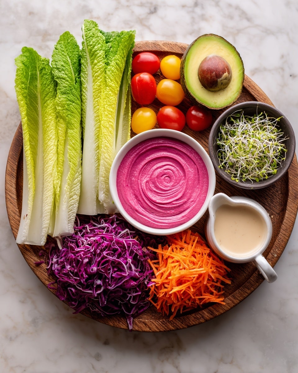 A round wooden board holds several fresh ingredients arranged in neat groupings, placed on a white marbled surface. On the left, three long, crisp romaine lettuce leaves lie flat, bright green with pale veins. Next to them is a small white bowl filled with smooth, vibrant pink hummus, its surface swirled in a decorative pattern. Above the hummus, half an avocado with dark green skin and a large brown seed is positioned, beside it a small pile of halved cherry tomatoes, both red and yellow, scattered casually. To the right of the tomatoes, a small white bowl contains light green alfalfa sprouts with delicate textures. Below the sprouts, thinly shredded purple cabbage forms a small mound, and beneath the cabbage, a pile of finely shredded bright orange carrots adds color. A small white cup with a handle holds a creamy beige dressing looking smooth and rich. Finally, a small dark bowl with a coarse, light-colored seed mix provides texture contrast on the board. photo taken with an iphone --ar 4:5 --v 7