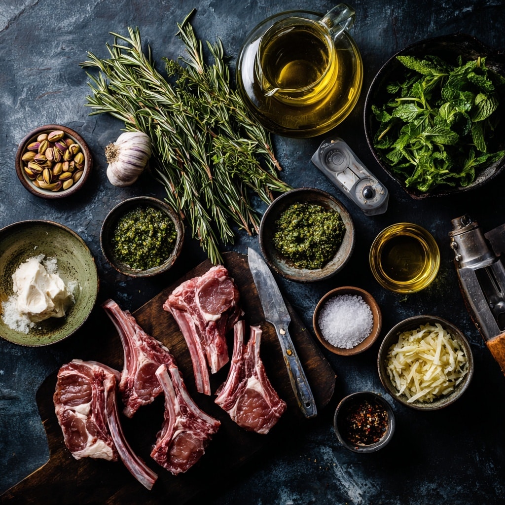 The image shows a four-step visual recipe progression. In the first frame, on a wooden surface, a white bowl holds a creamy white mashed mixture, next to a pile of fresh green chopped rosemary and a large silver knife. In the second frame, three raw lamb chops coated with green herbs and small pieces of white garlic are sealed inside a transparent plastic bag, resting on a dark textured surface. The third frame shows the lamb chops out of the bag, placed on a white cutting board, displaying raw dark red meat with white fat edges and sprinkled green herbs. The fourth frame presents the same three lamb chops now cooking in a shiny silver pan, their outer edges browned with fine herbs still visible on top, the pan surface showing cooking juices. Photo taken with an iphone --ar 4:5 --v 7