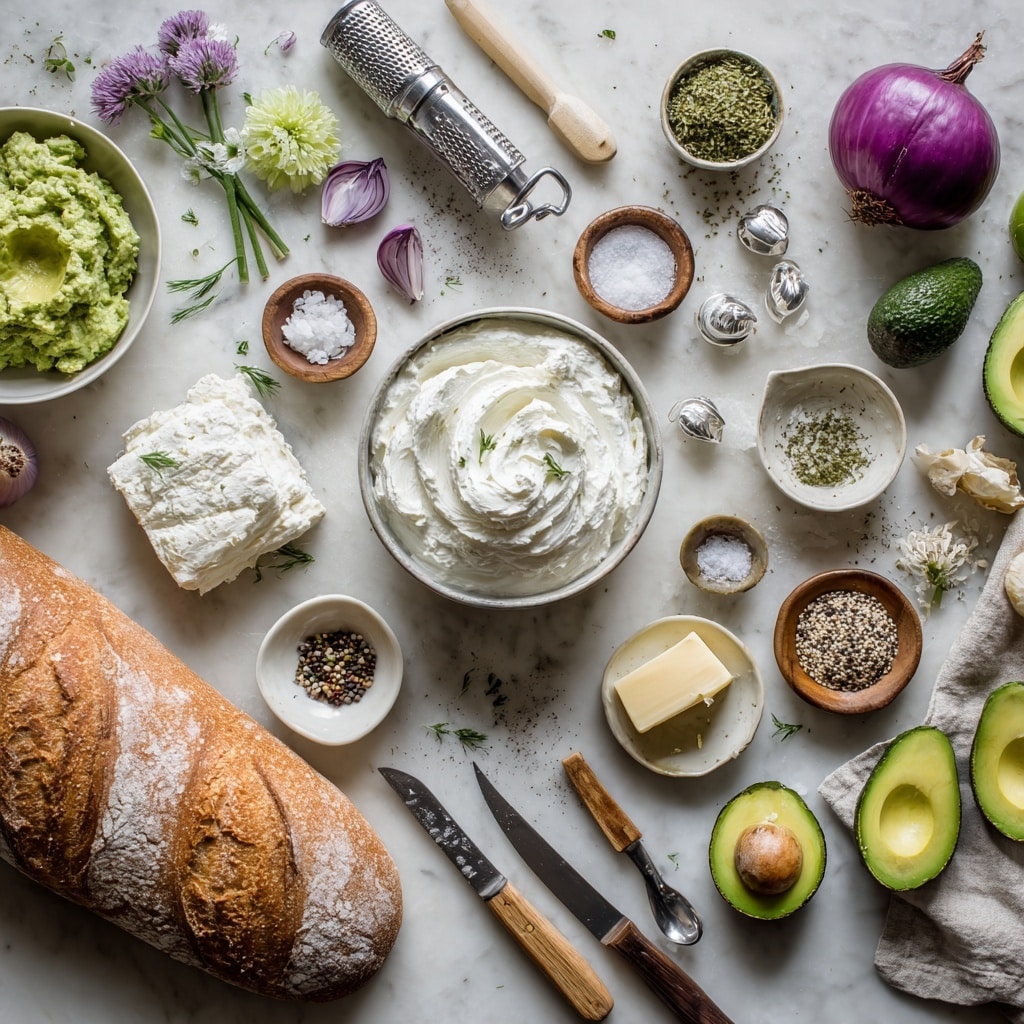 The image shows four close-up photos arranged in a grid on a white marbled surface. The first photo is a shiny metal bowl filled with thick white cream cheese mixture being stirred by a metal spoon. The second photo shows chopped red onions scattered next to a silver knife on the white marbled surface. The third photo captures a metal bowl with chunky mashed green avocado mixed with bits of red onion and a black masher inside. The fourth photo shows two slices of dark brown bread on the white marbled surface, each thickly spread with white cream cheese using a gray spreader. photo taken with an iphone --ar 4:5 --v 7