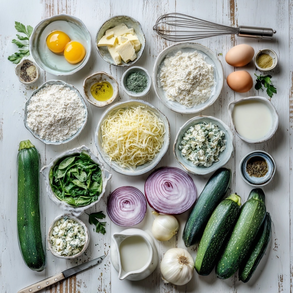 The image shows four smaller pictures in a grid. The top left picture displays a round, thick dough with green herb bits mixed in, pressed into a white plate with edges standing up. The top right picture shows a small pile of chopped green herbs inside a fine metal strainer with a white marbled surface underneath. The bottom left picture has grated white cheese piled beside a black-handled grater on a light wooden surface, with a block of cheese in the background. The bottom right picture shows several round, purple-red onion slices with white and yellow centers on a white marbled surface next to a black knife with a metal blade and some uncut onion behind it. Photo taken with an iphone --ar 4:5 --v 7