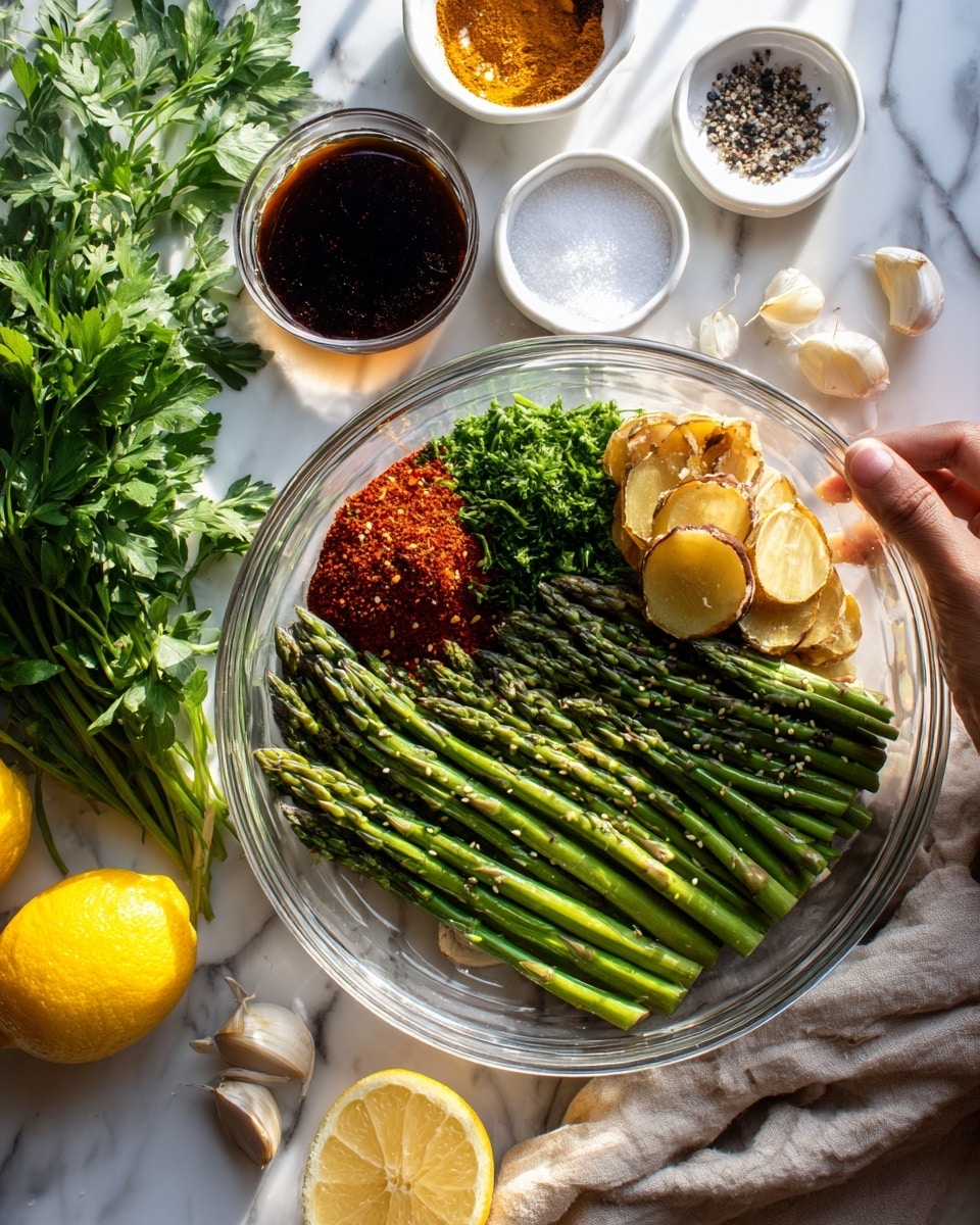 The image shows two side-by-side scenes of salmon preparation on a white marbled surface. On the left, a large bright orange raw salmon fillet with clear white lines is placed on crumpled brown parchment paper on a wooden board, surrounded by small bowls of spices and sauces, a lemon, a clove of garlic, and fresh green asparagus. On the right, the cooked salmon fillet, now darker orange with a slightly crispy texture and dotted with black pepper, rests on crumpled brown parchment paper on a metal baking tray with a light gray towel nearby, a lemon, and a head of garlic at the edges. Photo taken with an iphone --ar 4:5 --v 7
