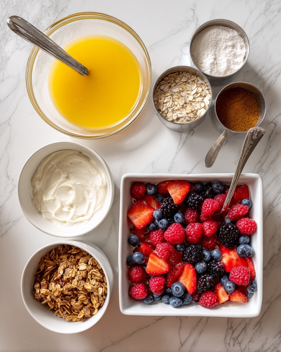 A white colander filled with fresh strawberries, raspberries, and blueberries sits on a white marbled surface on the left side. On the right side, a white cutting board holds sliced strawberries with their green tops removed and a white knife with a black handle resting beside the sliced fruit, all placed on the same white marbled surface. photo taken with an iphone --ar 4:5 --v 7
