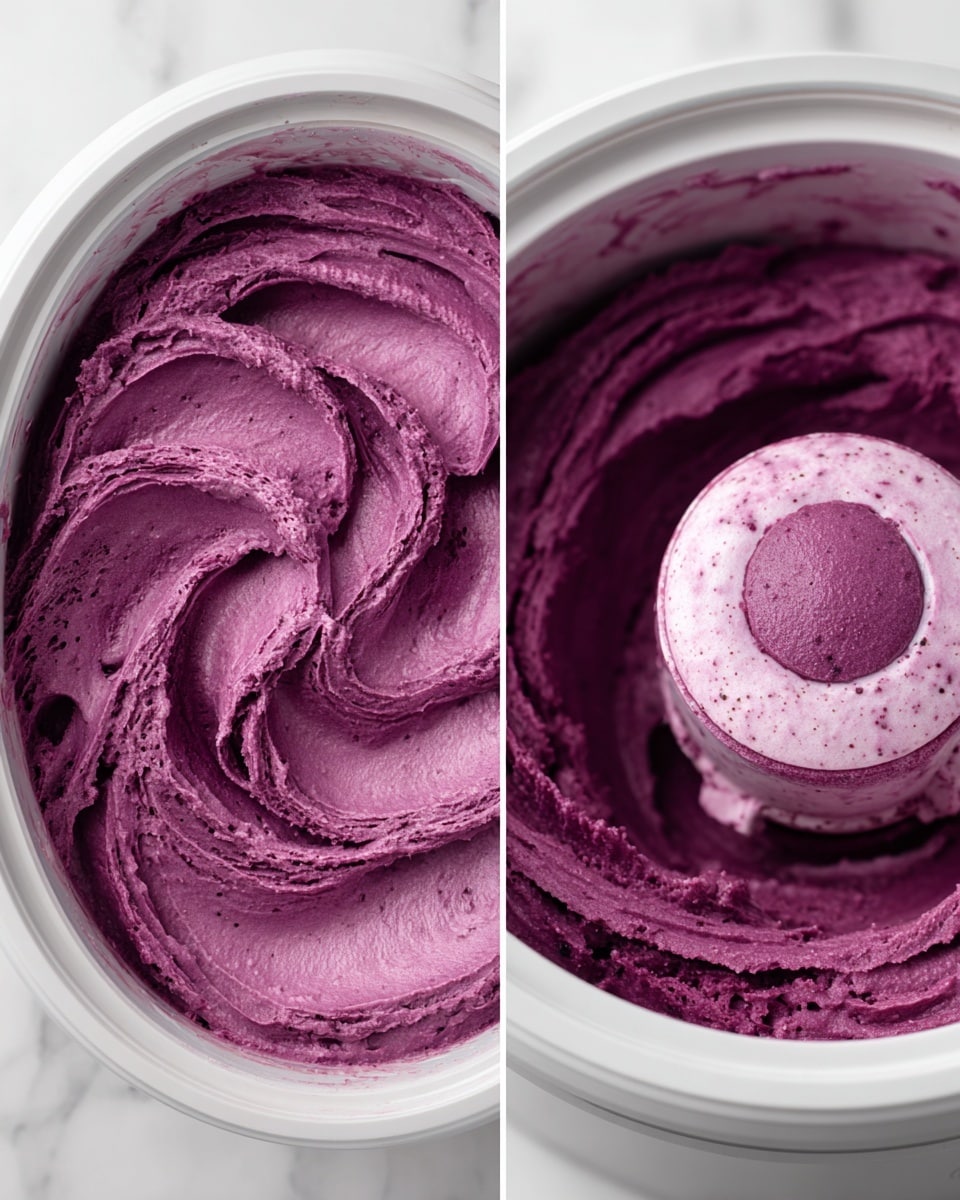 The image shows a deep purple ice cream or sorbet inside a white ice cream maker bowl. The ice cream has thick, smooth swirls forming layers of various tones of dark purple and hints of lighter pink, giving a textured look. The first photo is a close-up, showing the creamy, swirled surface with speckles throughout. The second photo shows the whole inside of the bowl with the ice cream formed in a ring shape around the central turning part, with a smooth and dense texture. The background surface is white marble. photo taken with an iphone --ar 4:5 --v 7