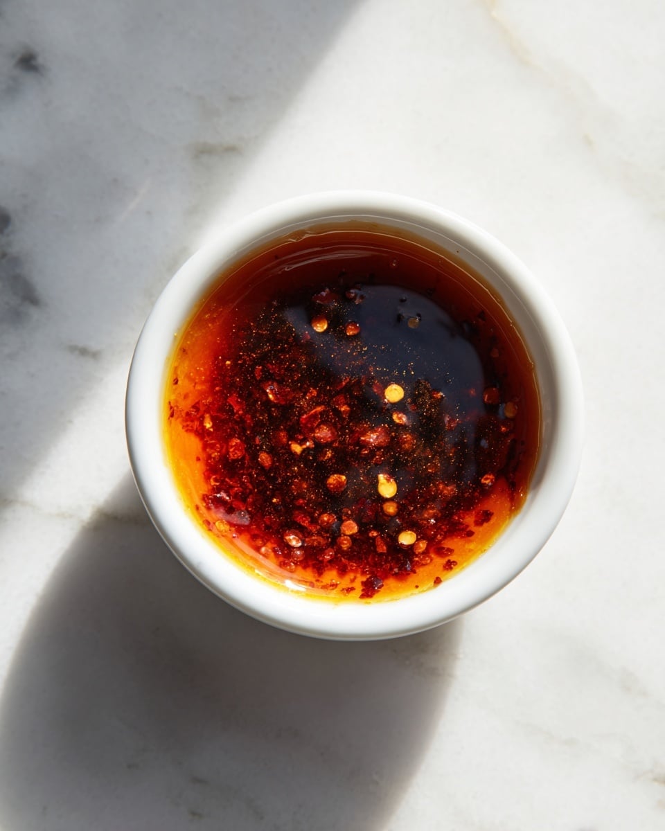 A small white bowl contains a dark reddish-brown sauce with visible chili flakes floating on the surface and some sticking to the sides of the bowl. The sauce has an oily texture with a shiny surface reflecting light. The bowl is set on a surface with a white marbled texture that shows soft gray veins, and natural light casts gentle shadows in the scene. photo taken with an iphone --ar 4:5 --v 7