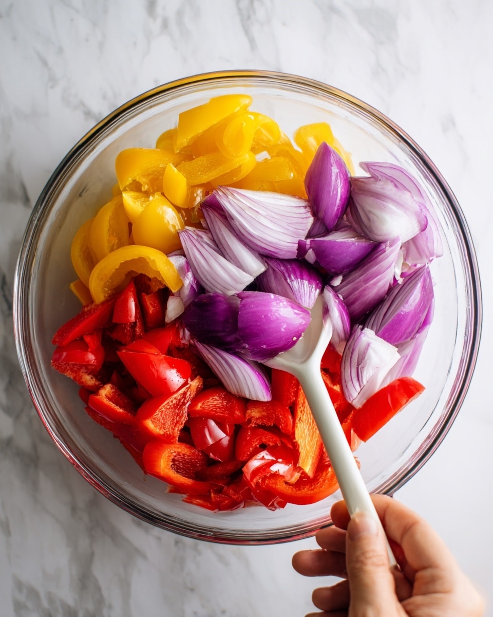 A clear glass bowl holds three layers of fresh vegetables. The bottom layer shows bright red pepper pieces with smooth skin. On top of the red peppers, the middle layer is bright yellow pepper pieces, also with smooth skin. The top layer has thick slices of purple onion with a shiny surface and white centers. A white plastic spoon is inside the bowl, held by a woman's hand on the left edge, and another woman's hand holds the bowl on the right, all set on a white marbled texture background. photo taken with an iphone --ar 4:5 --v 7