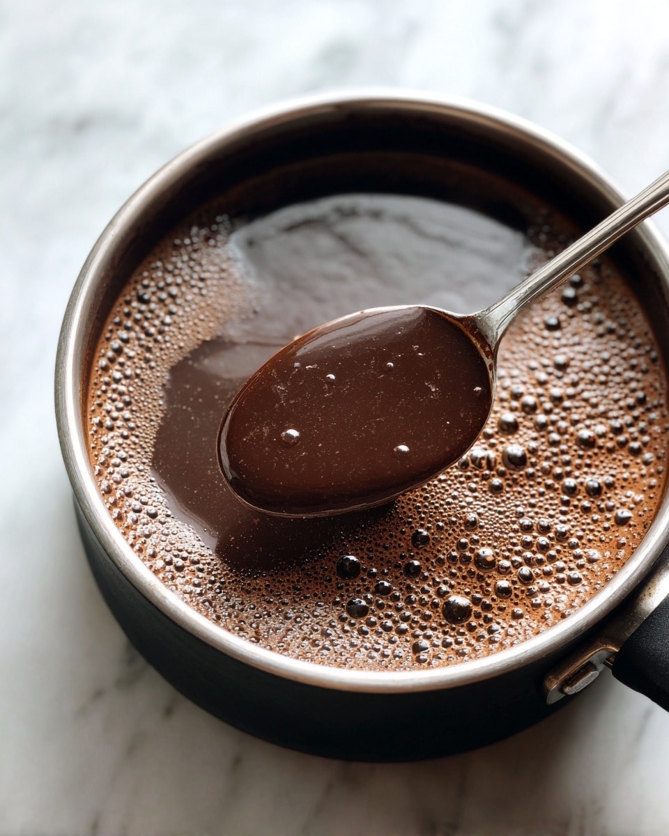 A close-up view of a black pot filled with thick, shiny dark brown liquid. A woman's hand is holding a silver spoon that dips into the liquid, showing some small bubbles on the surface. The pot has a silver rim and sits on a white marbled surface. The liquid’s texture looks smooth and thick. Photo taken with an iphone --ar 4:5 --v 7