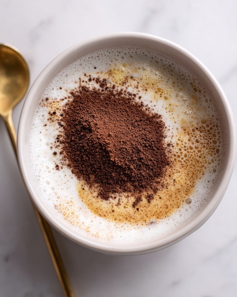 The image shows a white bowl filled with multiple layers of liquid ingredients. The bottom layer is a frothy, creamy white liquid. On top of it, there is a golden-brown layer with a slightly grainy texture spread unevenly across the surface. In the center, covering part of the golden-brown layer, is a thick pile of fine, dark brown powder. The bowl is placed on a white marbled surface, and the handle of a gold-colored measuring spoon is visible on the left side, resting next to the bowl. photo taken with an iphone --ar 4:5 --v 7