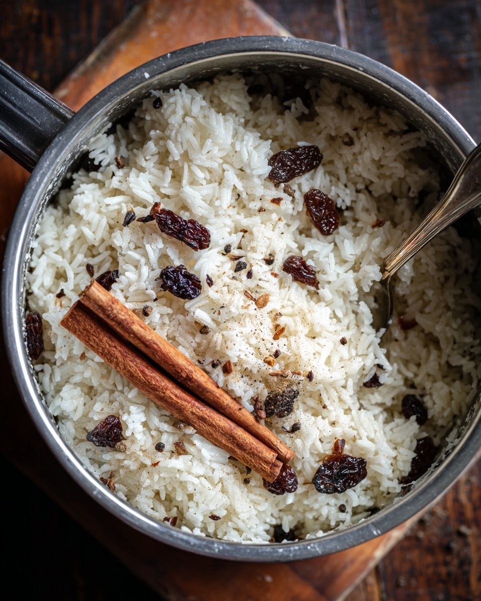 A close-up of a grey cooking pot filled with cooked white rice mixed with dark brown pieces of dried fruit and a single cinnamon stick resting on top, with small black specks of seasoning spread throughout; a silver spoon is partially buried in the rice on the right side, and the pot sits on a dark wooden surface. Photo taken with an iphone --ar 4:5 --v 7