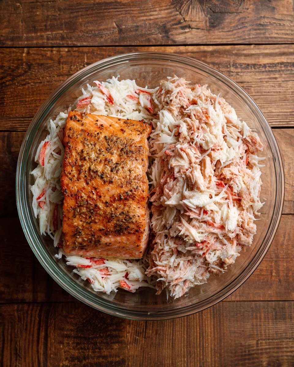 The image shows two side-by-side clear glass bowls on a wooden surface. In the left bowl, there is a base layer of white and red shredded crab sticks topped with a thick, cooked salmon piece seasoned with black pepper and spices, the salmon is orange-brown with a slightly crispy texture. In the right bowl, the shredded crab sticks and salmon are mixed together into a flaky pink and white blend with some red accents, showing a rough, shredded texture throughout. photo taken with an iphone --ar 4:5 --v 7