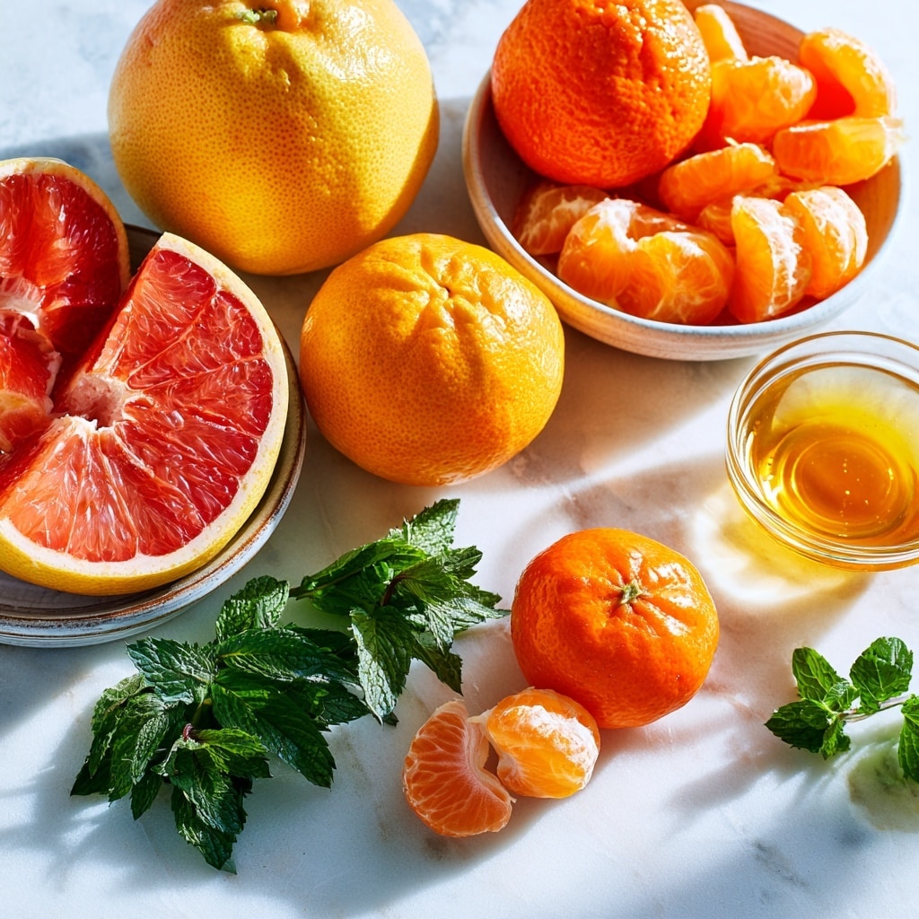 A close-up image shows two woman's hands holding a white bowl filled with bright orange citrus slices. Below the bowl, lemon zest is spread on a white marbled surface. In the next frame, a white bowl contains carefully arranged layers of different citrus slices: deep orange, bright orange, and lighter orange segments, topped with some green herbs. A woman's hand is pouring a golden liquid from a bottle onto the citrus slices. The background is white marble. photo taken with an iphone --ar 4:5 --v 7