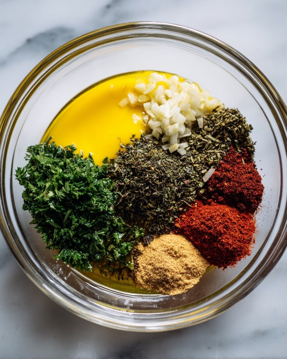 A clear glass bowl sits on a white marbled surface, filled with a mix of colorful ingredients separated into layers. The top left has a bright yellow, smooth sauce next to finely chopped white garlic. Near the bottom left is a heap of dried green herbs, while in the middle a shiny olive oil layer partly covers fresh green chopped parsley. On the right side are several red spices in two separate piles, with one small mound of light brown powder and a tiny spot of dark brown spices in between. The textures range from smooth and oily to coarse and dry, all clearly divided but close together. Photo taken with an iphone --ar 4:5 --v 7
