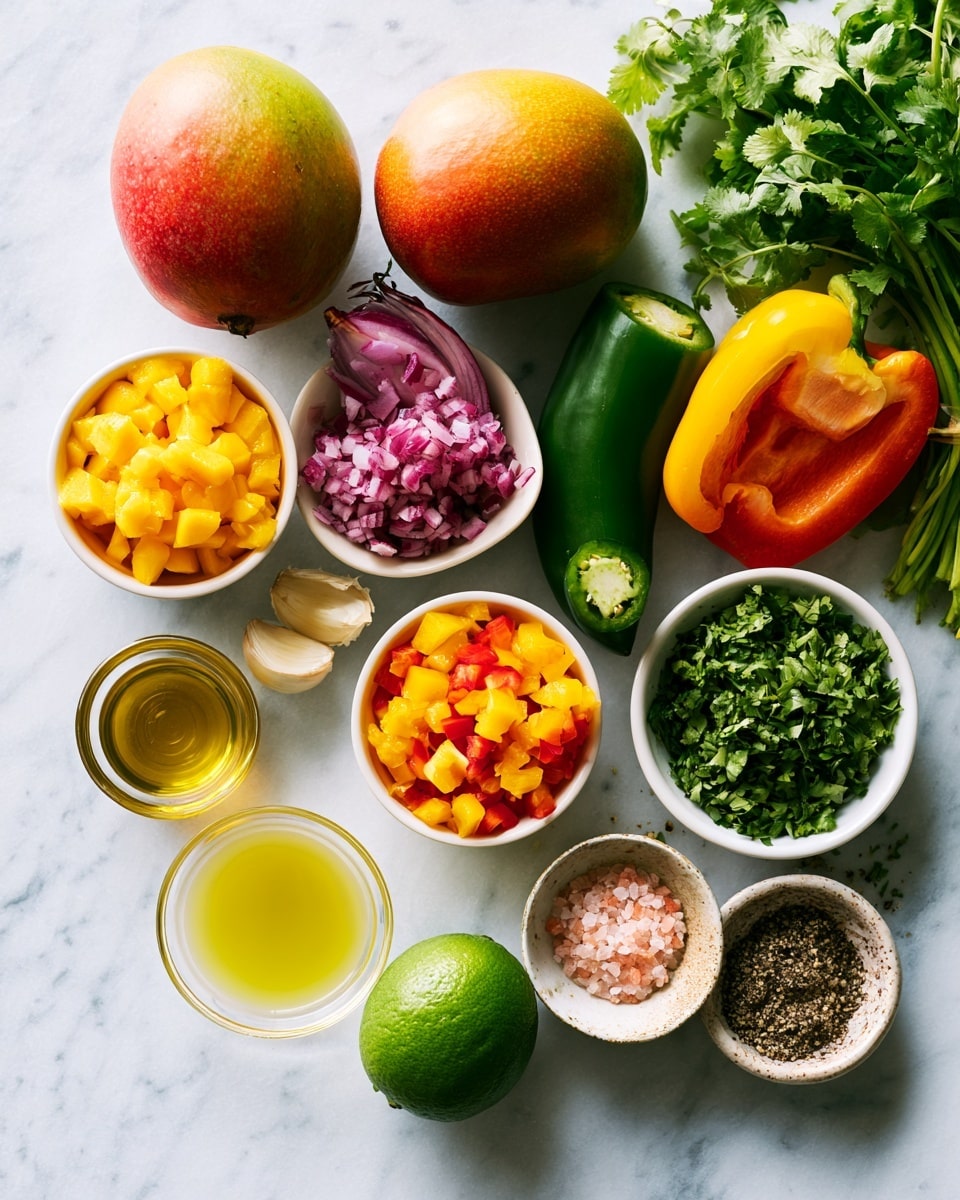 A close-up image showing a white bowl filled with chunky mango salsa. The salsa has three main layers: at the bottom and base are bright yellow mango pieces with a soft texture, scattered throughout are small, crisp pieces of red and green bell peppers, and finely chopped red onion, all mixed with fresh green cilantro leaves. The salsa looks fresh and juicy with a slight shine, and the bowl is placed on a white marbled surface with a small bunch of fresh cilantro beside it. photo taken with an iphone --ar 4:5 --v 7