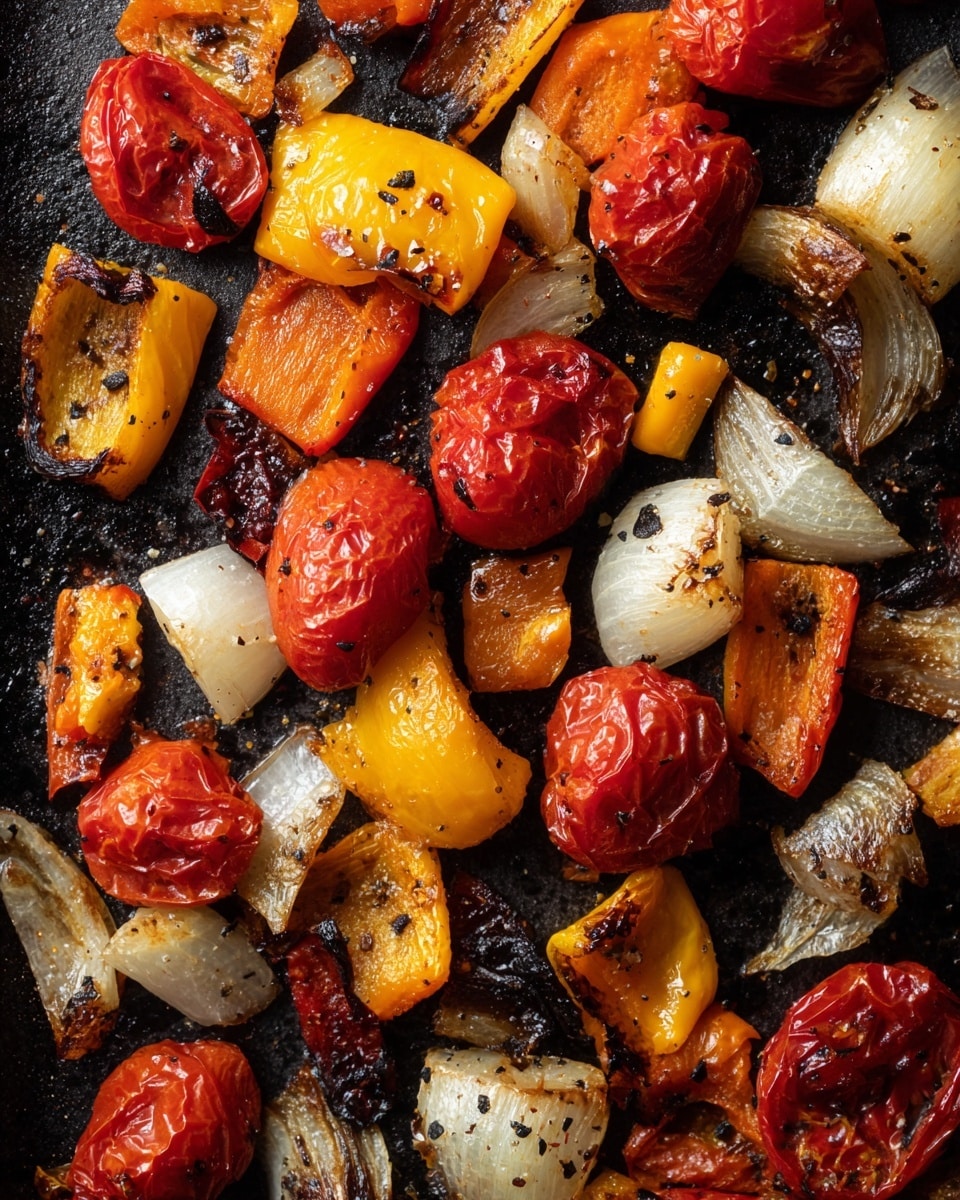 The image shows a black pan with pieces of roasted vegetables inside. There are red tomatoes that are slightly wrinkled and charred, some orange-yellow peppers with dark grill marks, and white onion pieces that have brown edges from roasting. The vegetables are spread out unevenly over the pan’s dark surface, showing a mix of soft and slightly burnt textures. photo taken with an iphone --ar 4:5 --v 7