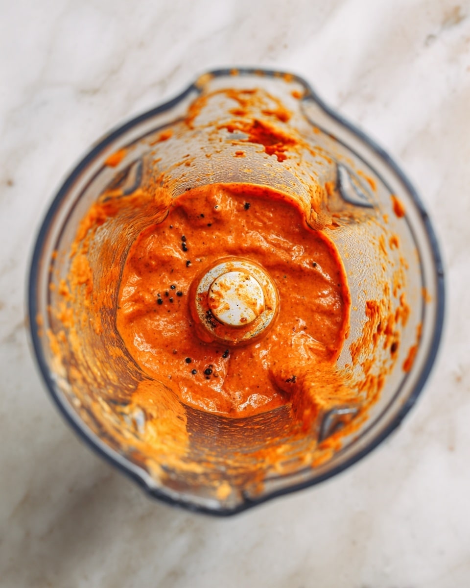 Inside a clear blender jar, there is an orange and slightly chunky mixture with visible small bits and some black specks, showing a thick texture. The mixture covers part of the metal blade at the bottom, and some of the sauce splatters with uneven edges stick to the jar walls. The background is a white marbled surface. Photo taken with an iphone --ar 4:5 --v 7