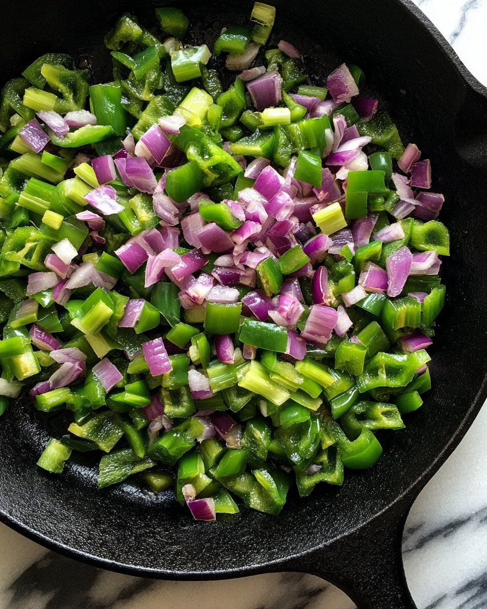 The image shows a black cast iron pan with one layer of small chopped pieces of green pepper and purple onion mixed and spread out on the cooking surface. The vegetables are raw and fresh, with some a bit shiny from oil. The background is a white marbled texture visible around the pan edges. Photo taken with an iphone --ar 4:5 --v 7