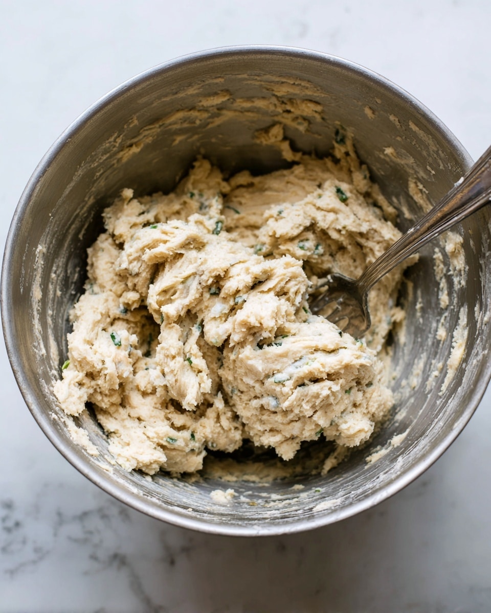 A close-up view inside a metal bowl containing thick, rough textured dough with a pale beige color mixed with small green and white bits. A silver fork is partially submerged in the dough on the right side, holding some of it up, showing uneven clumps and a sticky consistency. The bowl's inside is coated with remnants of dough, and the background is a white marbled surface. photo taken with an iphone --ar 4:5 --v 7