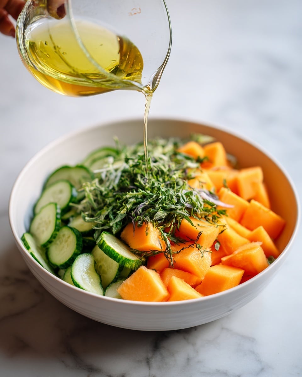 A white bowl on a white marbled surface holds a fresh salad with three visible layers: the bottom layer is made of orange cantaloupe cubes with smooth edges, the middle layer has thin slices of round cucumber showing green skin and pale centers, and the top layer consists of shredded green herbs scattered over the cucumbers and cantaloupe. A clear measuring cup pours a light yellow liquid dressing gently over the salad from above, with a woman's hand holding the cup just out of frame. The image is bright and clear, focusing closely on the colorful and fresh ingredients photo taken with an iphone --ar 4:5 --v 7
