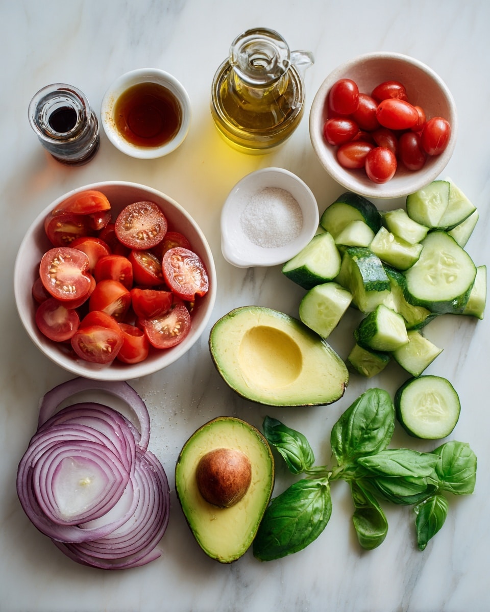 The image shows four parts of making a fresh salad. In the first part, light brown dressing is poured over thin ring slices of purple and white onion in a clear bowl, the onions resting at the bottom. The second part shows a wooden board with green cucumber slices on the top right side, bright red cherry tomatoes still on the vine below, half an avocado cut open showing its seed on the left, a whole dark green avocado beside it, and fresh green basil leaves at the bottom; a clear bowl with soaked onions sits above the board. The third part shows a clear bowl with halved bright red cherry tomatoes, sliced green cucumbers, and avocado chunks arranged in layers, with green basil leaves placed next to the bowl. The last part displays the mixed salad in the clear bowl, combining green leafy basil, sliced cucumbers, both avocado and cherry tomatoes, along with purple onion rings, and a gold spoon on the side; the setting is on a white marbled surface with a striped cloth nearby. Photo taken with an iphone --ar 4:5 --v 7