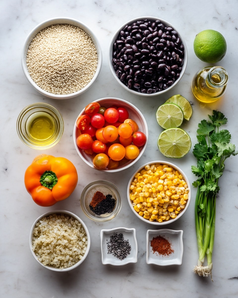 The image shows four stages of making a colorful bean salad in a large white bowl on a white marbled surface. The first part has dark black beans being poured with a light yellow dressing from a glass container, with a golden spoon inside the bowl. The second part shows the black beans coated with the dressing in the bowl with the golden spoon resting on the bowl edge. The third part displays the beans in the bowl surrounded by bright orange diced bell peppers, green chopped scallions, fresh chopped parsley, yellow corn, and red cherry tomato halves arranged in neat clusters. The final part shows the salad fully mixed, with all the colorful ingredients blended evenly, creating a texture of black, orange, yellow, red, and green with the golden spoon resting inside the bowl. photo taken with an iphone --ar 4:5 --v 7