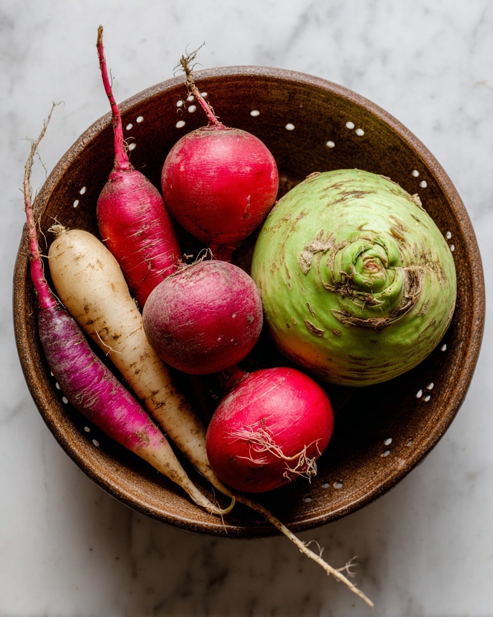 A close-up of a bowl full of fresh vegetables on a white marbled surface. The bowl is brown with small holes all around and contains five long radishes that are red at the top and white at the bottom, three round radishes which are red in color with some light brown spots, and one large green turnip with a round top showing different shades of green and purple. The vegetables show rough textures and small root stems. The photo taken with an iphone --ar 4:5 --v 7